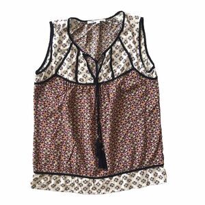 DR2 Tank Top Buckle XS Boho Flowy Tassels Artsy Cream Blue Sleeveless V Neck EUC